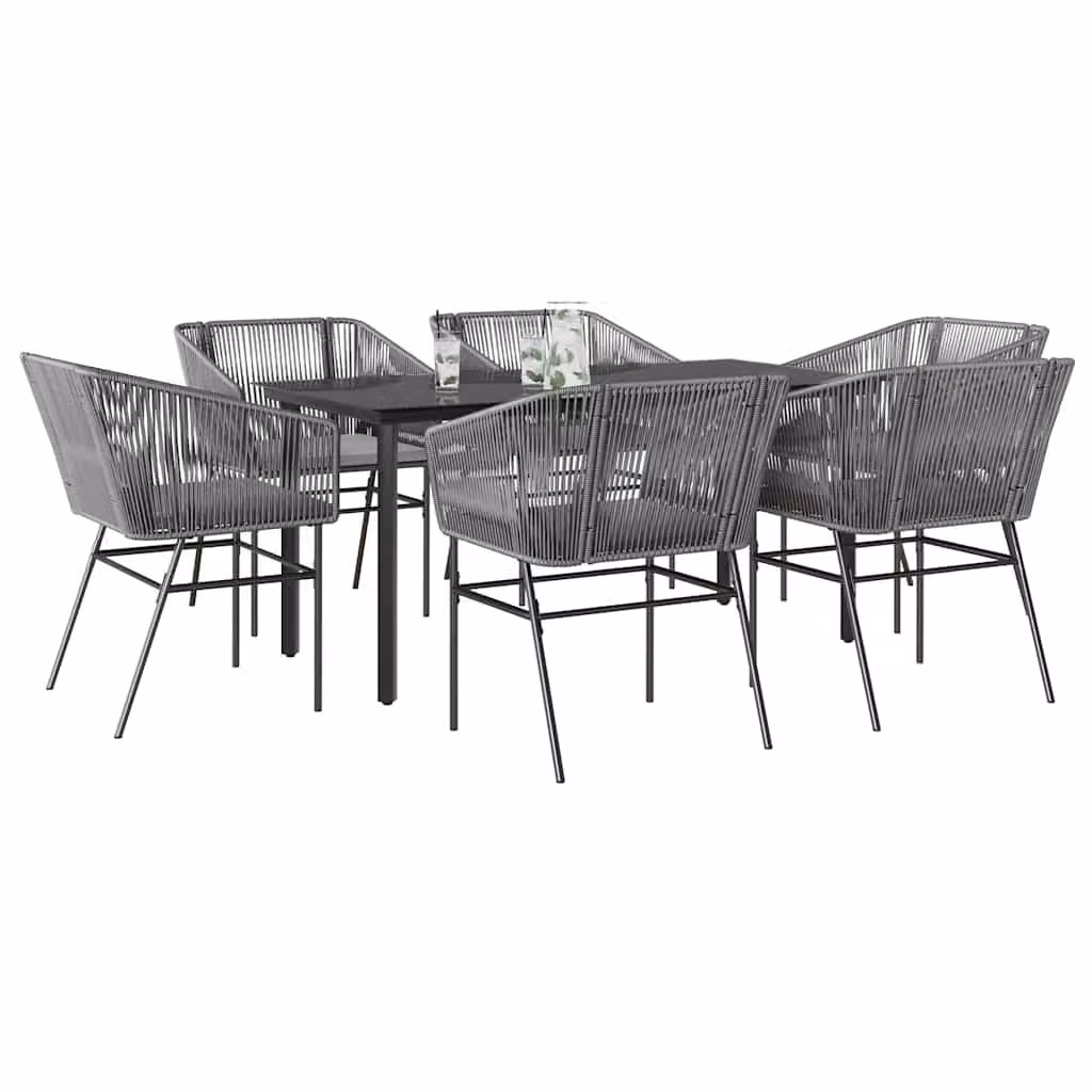 Set da Pranzo da Giardino vidaXL in Polyrattan con Cuscini e Tavolo in Vetro, 7 Pezzi, Grigio e Nero