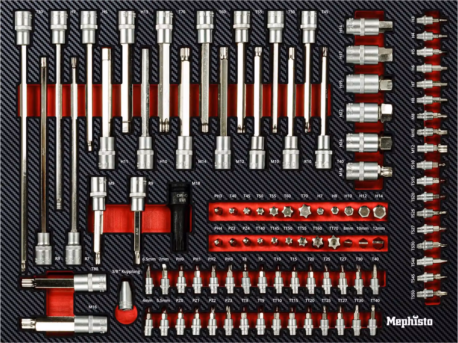 Set di chiavi a bussola e punte Mephisto con rivestimento morbido effetto carbonio