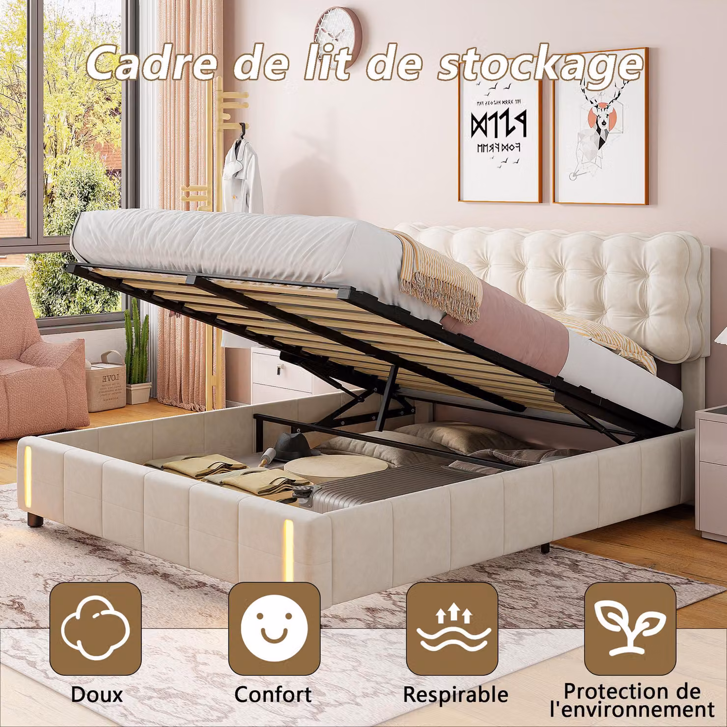 letto contenitore 140 x 200 cm con rivestimento in velluto beige, rete illuminata a LED e rete a doghe