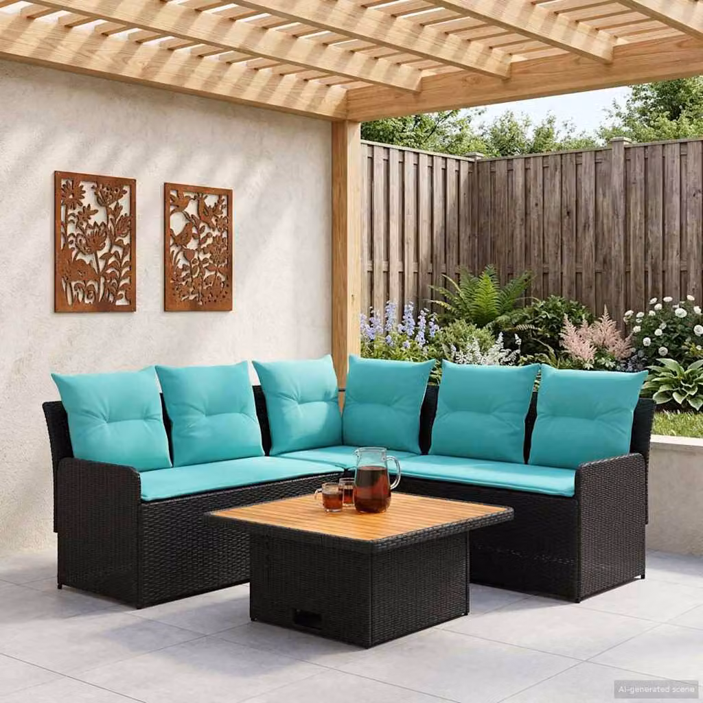 Set di mobili da giardino vidaXL 4 pezzi in rattan con sedute imbottite nero e turchese
