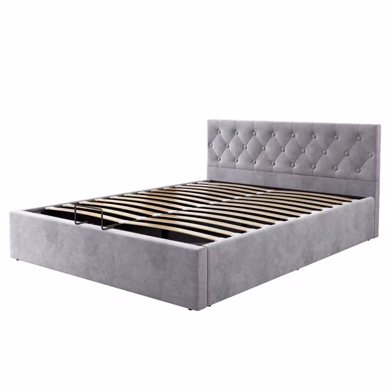 Letto imbottito, 140x200 cm, letto matrimoniale con rete a doghe e contenitore, testiera imbottita, rivestimento in velluto