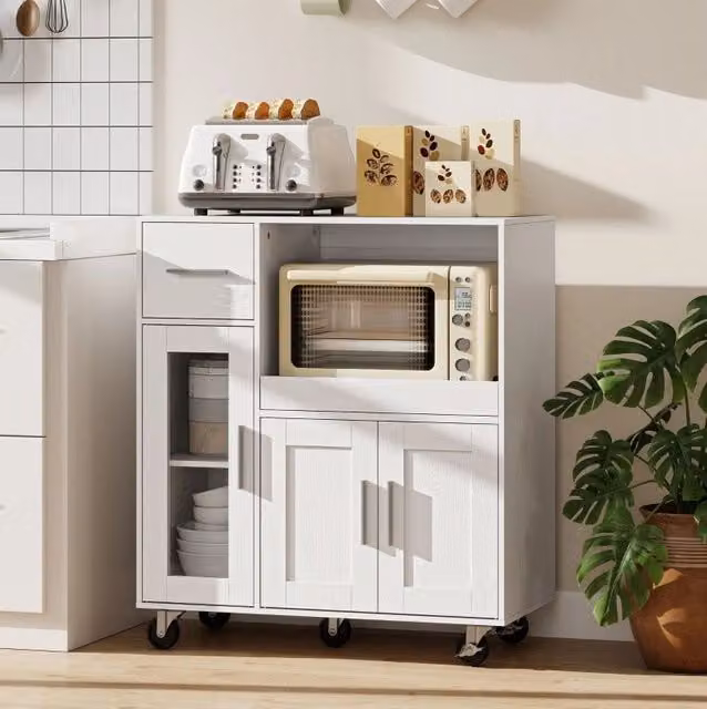 Mobile cucina ULEVR 80x40x88,7 cm per microonde, cassetto, 2 ante, ripiano regolabile e ruote, bianco