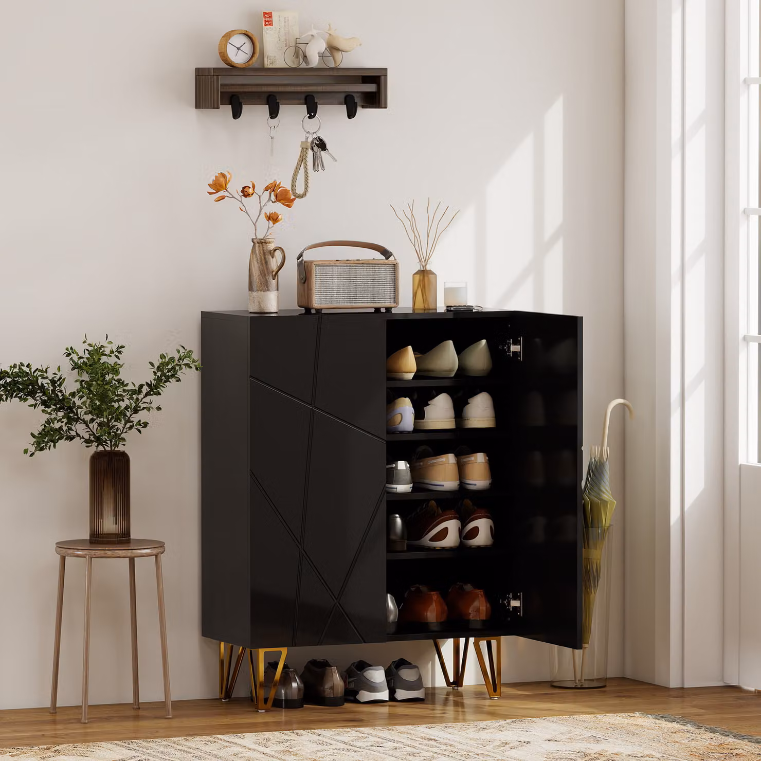 Scarpiera HOMCOM con 2 Ante e 4 Ripiani Regolabili, Nero, L: 72 cm, P: 31,5 cm, H: 95 cm – 2
