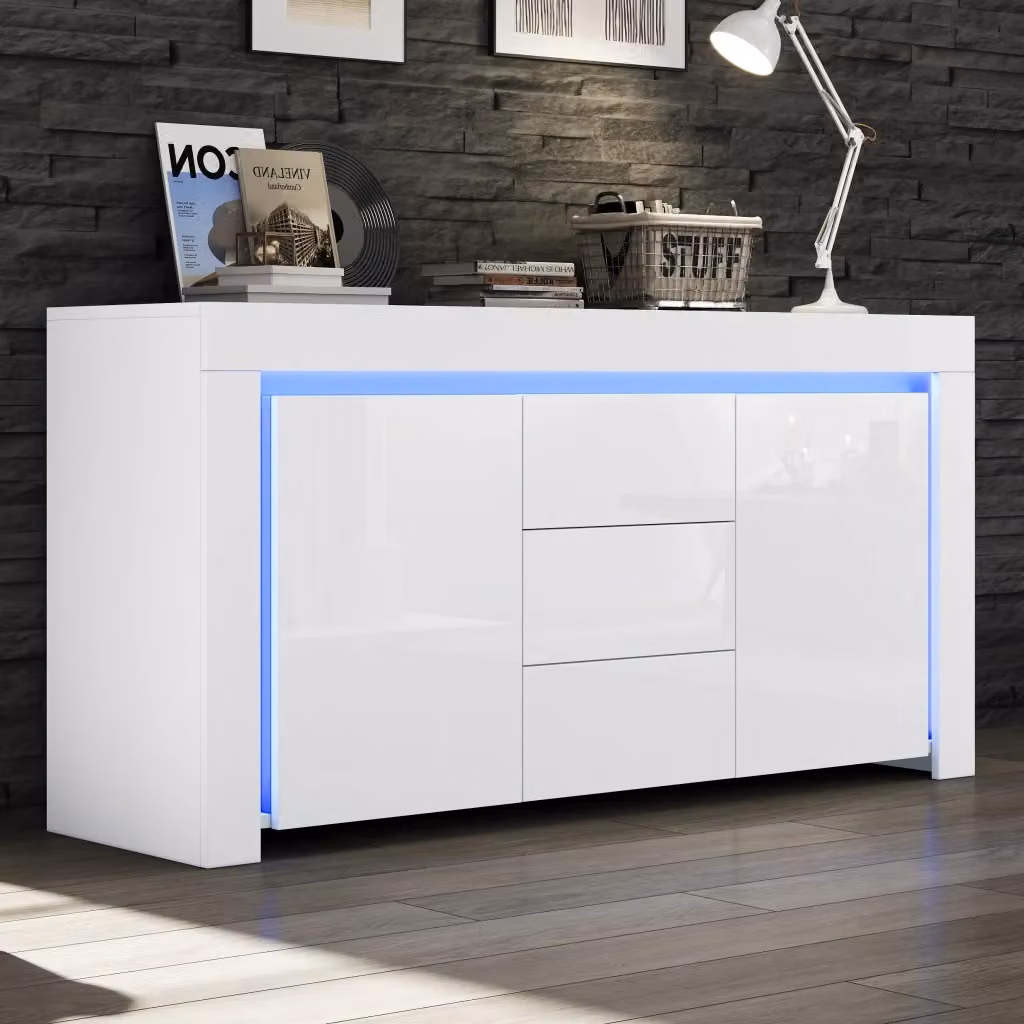 Credenza moderna WISHDOR per soggiorno e ufficio, finitura bianca lucida con illuminazione integrata e cassetti soft-close, L 140 x P 40 x H 65 cm – 2