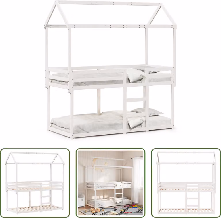 The Living Store Letto a castello con tetto bianco 80x200 cm in legno di pino massiccio