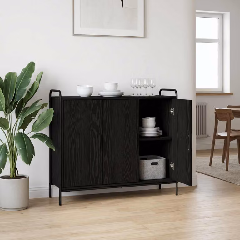 Credenza moderna vidaXL in legno ingegnerizzato e metallo, colore nero opaco, L: 98,5 cm, P: 33 cm, H: 81 cm