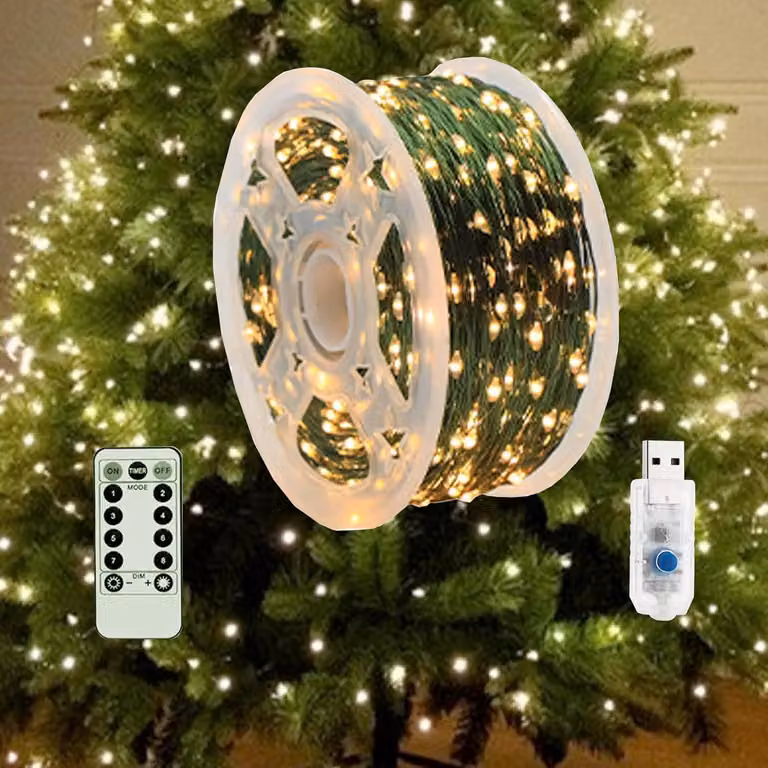Catena luminosa a LED, 30 metri, 300 LED, luce bianca calda, con telecomando