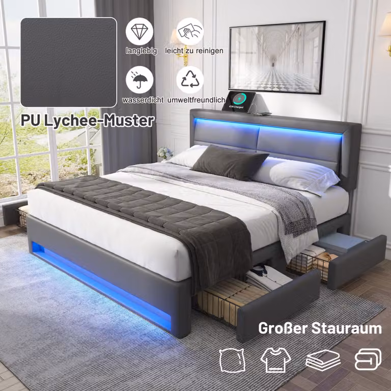 OKWISH Letto matrimoniale 140x200 cm con contenitore - Letto imbottito inPoliuretanocon porte USB e caricatore wireless integrato, illuminazione a LED - Grigio