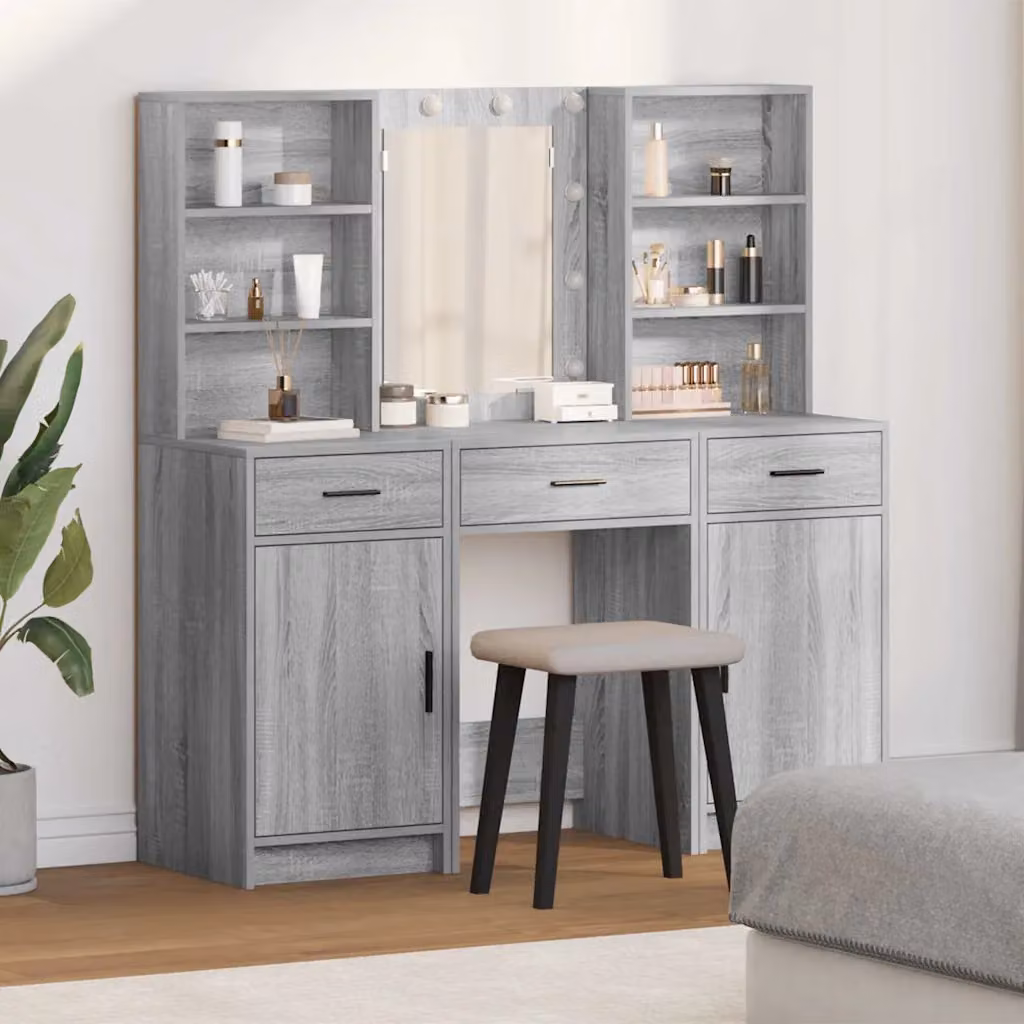 vidaXL Set da tavolo da trucco con LED 3 pz Grigio Sonoma
