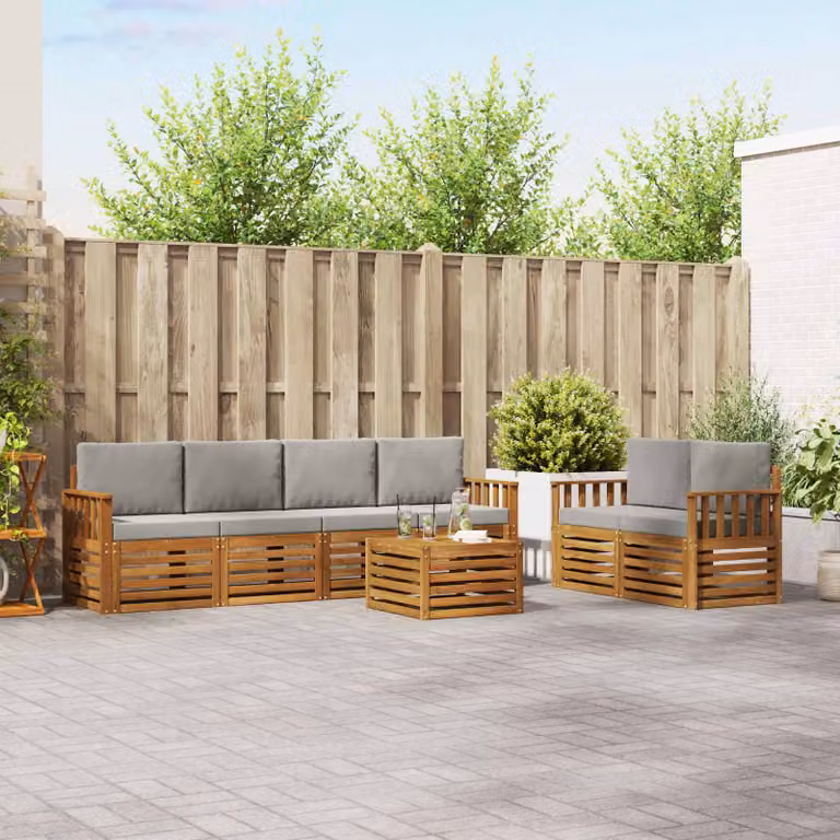 Set di divani da esterno vidaXL a forma di L composto da 7 pezzi in legno di acacia con cuscini beige e grigi per giardino e terrazza