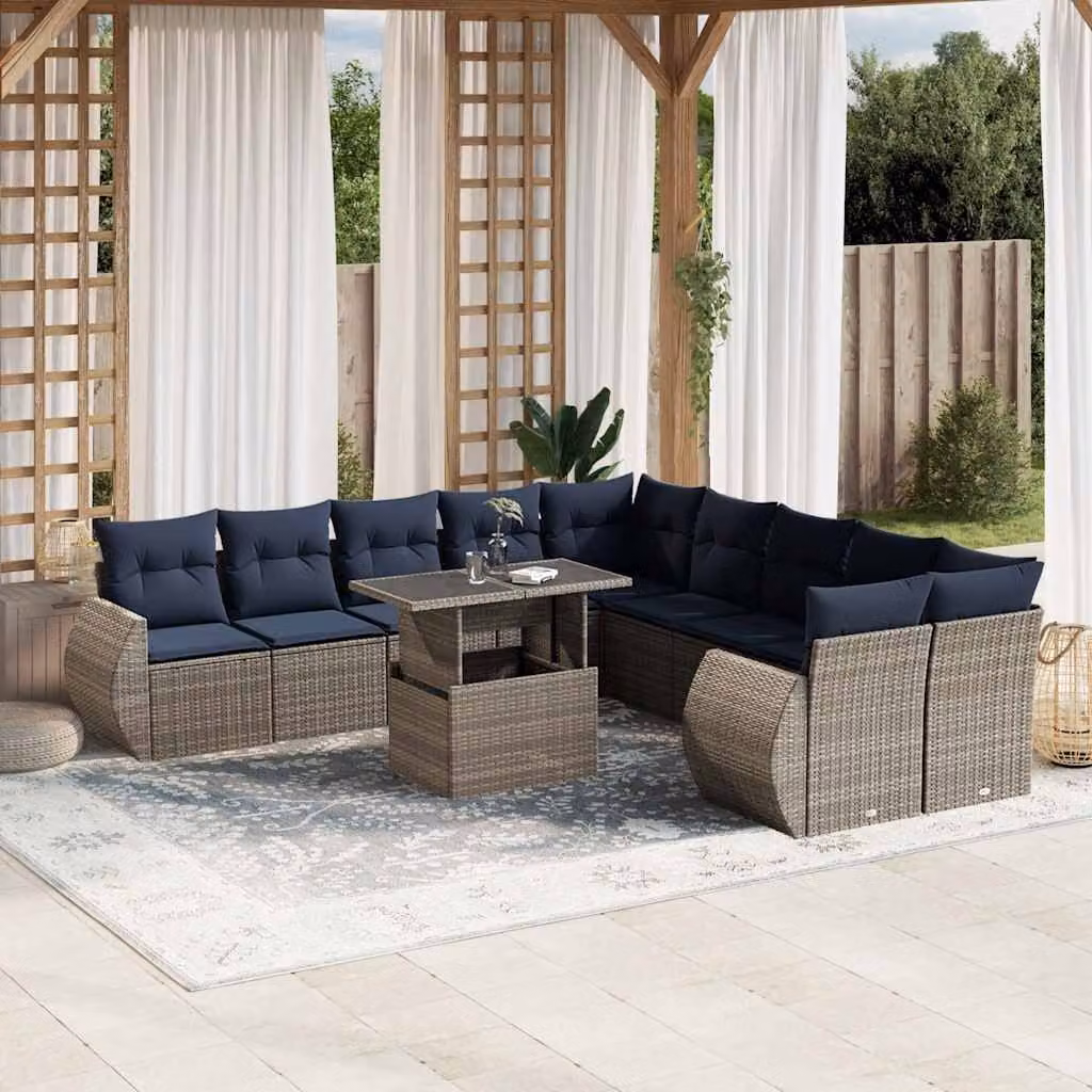 Set di divani da giardino vidaXL 11 pz in polyrattan grigio con cuscini e tavolino da esterno
