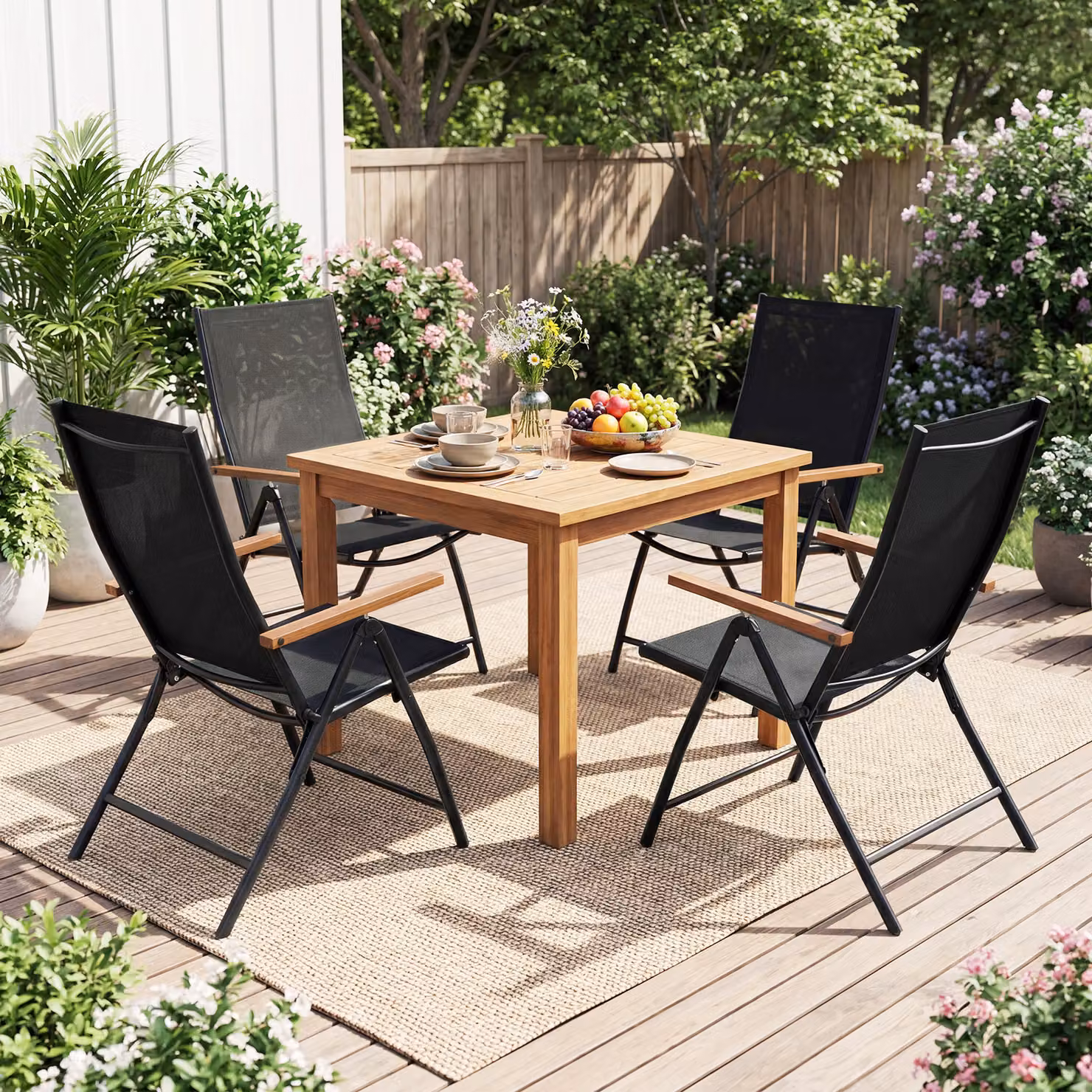 Set di 4 sedie da esterno pieghevoli Costway in tessuto textilene nero con schienale regolabile e braccioli per giardino, balcone o terrazza