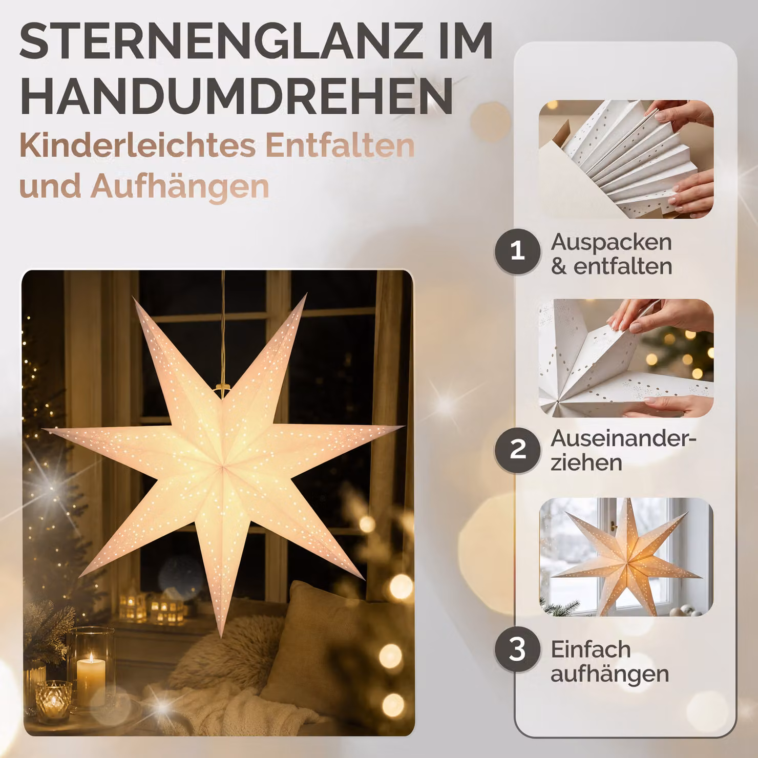 Stella di carta Casaria color beige con 10 LED per decorazioni natalizie, Diametro: 60 cm – 4