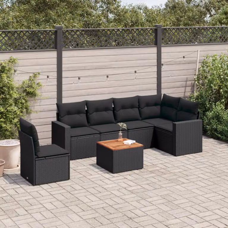 Set Divani da Giardino a L vidaXL in Polyrattan Nero con 7 Cuscini e Tavolino da Esterno