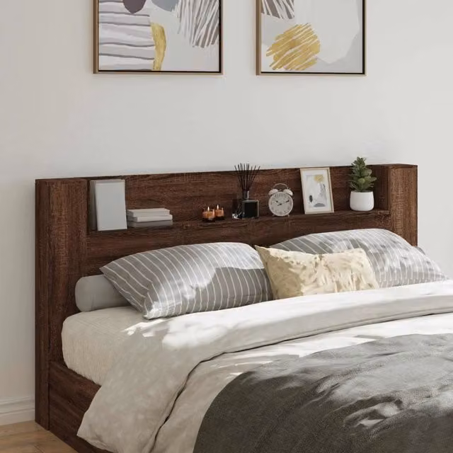 Testiera con stoccaggio e illuminazione LED vidaXL in legno Rovere Marrone con ripiano integrato e porta USB – 1