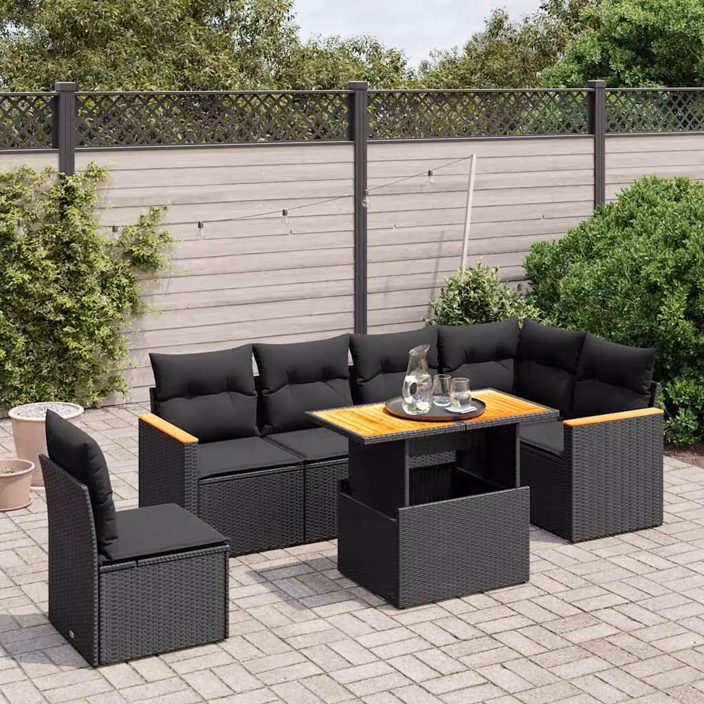 Set di Divani da Giardino vidaXL a Forma di L con Cuscini e Tavolino, 7 Pezzi, Polyrattan Nero – 1