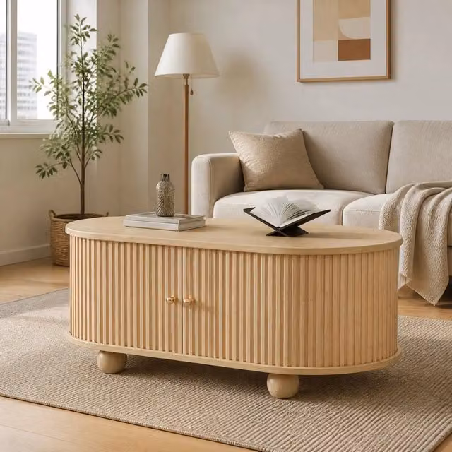 Tavolino ovale con ante scorrevoli in MDF, 100x50x40 cm, colore legno, con ampio spazio contenitivo