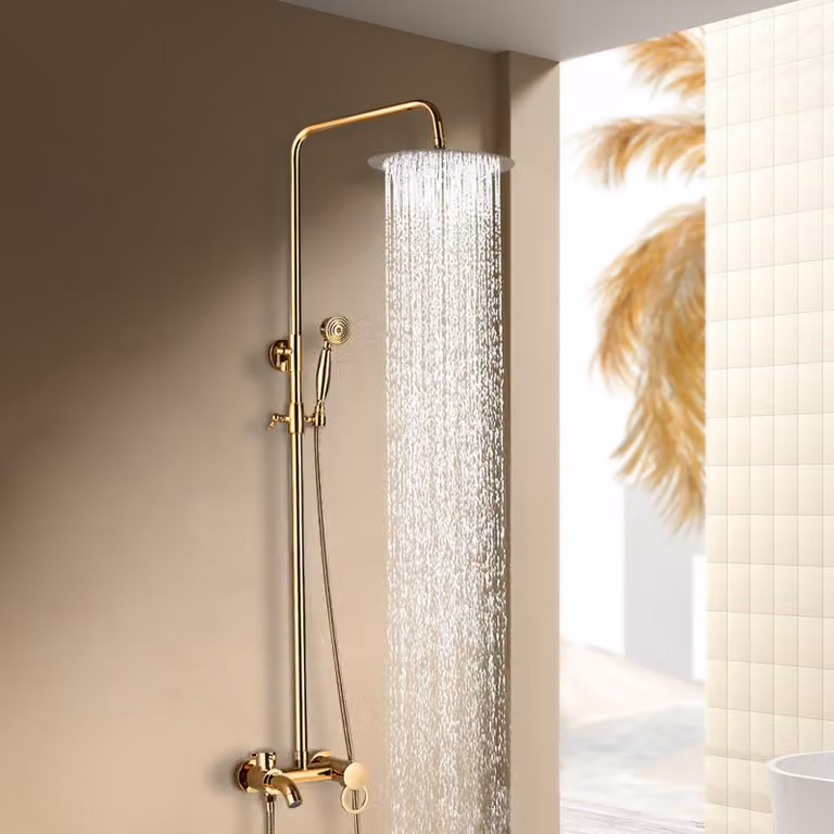 Set doccia a soffitto – Colore oro – Doccetta manuale – 20 cm – Pioggia doccia – Acciaio inossidabile e ottone – Montaggio a parete