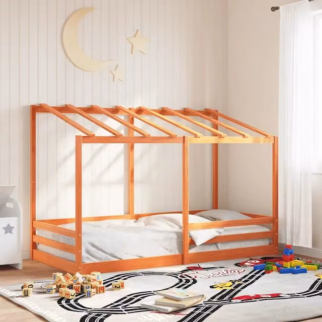 Letto per bambini con struttura a casetta vidaXL in legno massello di pino, colore marrone cera, L/P/H: 200 x 90 x 150 cm