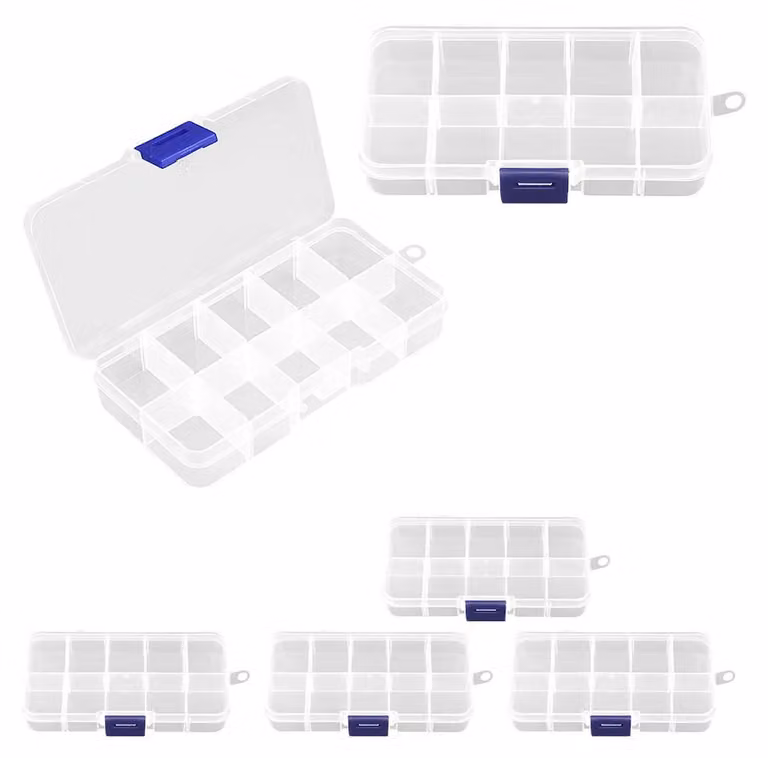 Set di 6 contenitori trasparenti assortibili, con 10 scomparti ciascuno, ideali per piccoli oggetti