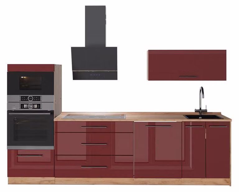 Cucina componibile Vicco Fame-Line Bordeaux lucido/Rovere dorato 280 cm senza piano di lavoro, Model 64698