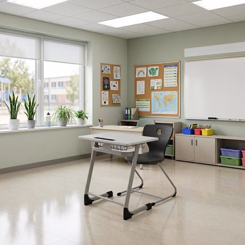 Set scolastico moderno ed ergonomico, grigio: banco da scuola nero e sedia, tavolo singolo