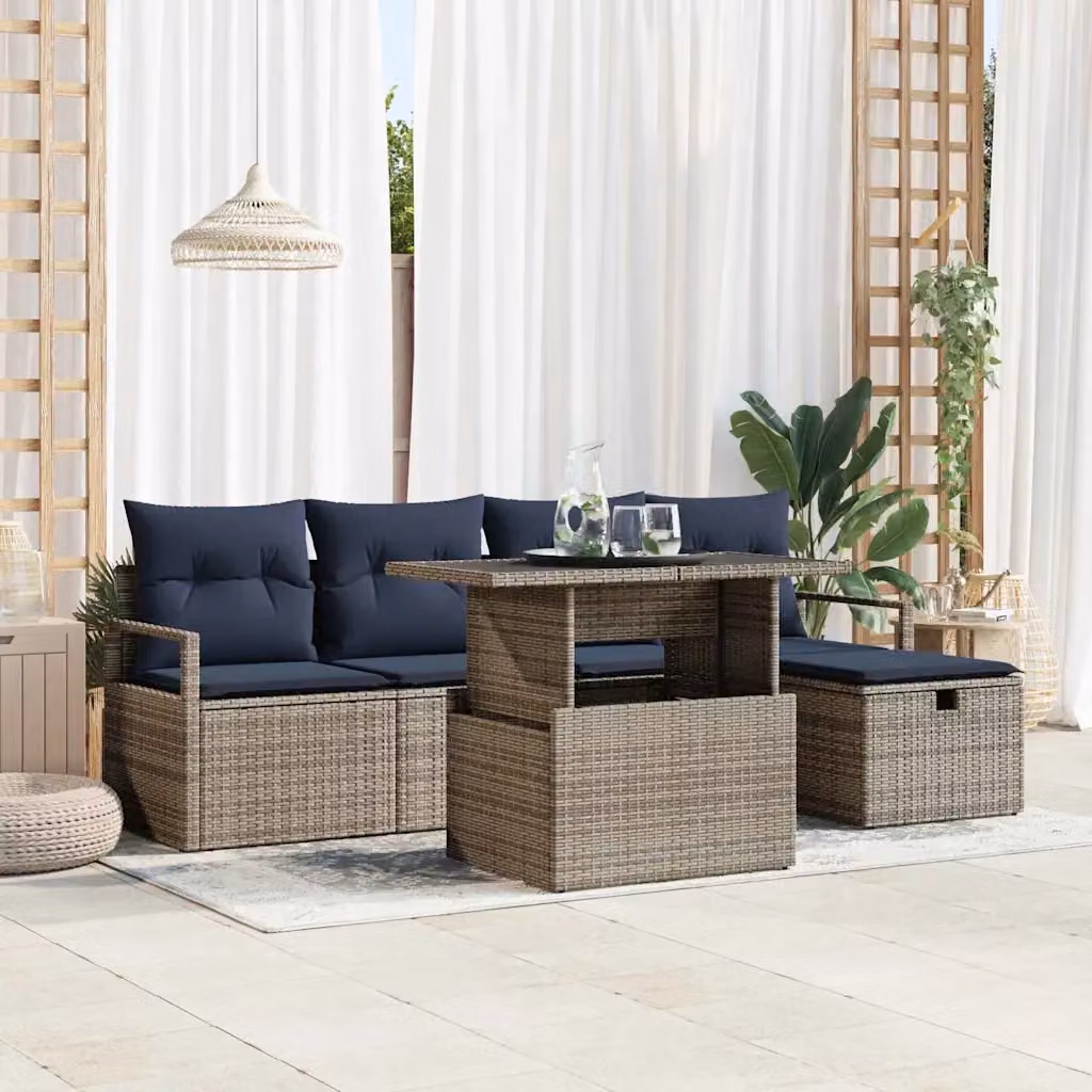 Set Divano da Giardino vidaXL 6 pz a Forma a L in Polyrattan Grigio con Cuscini e Tavolino