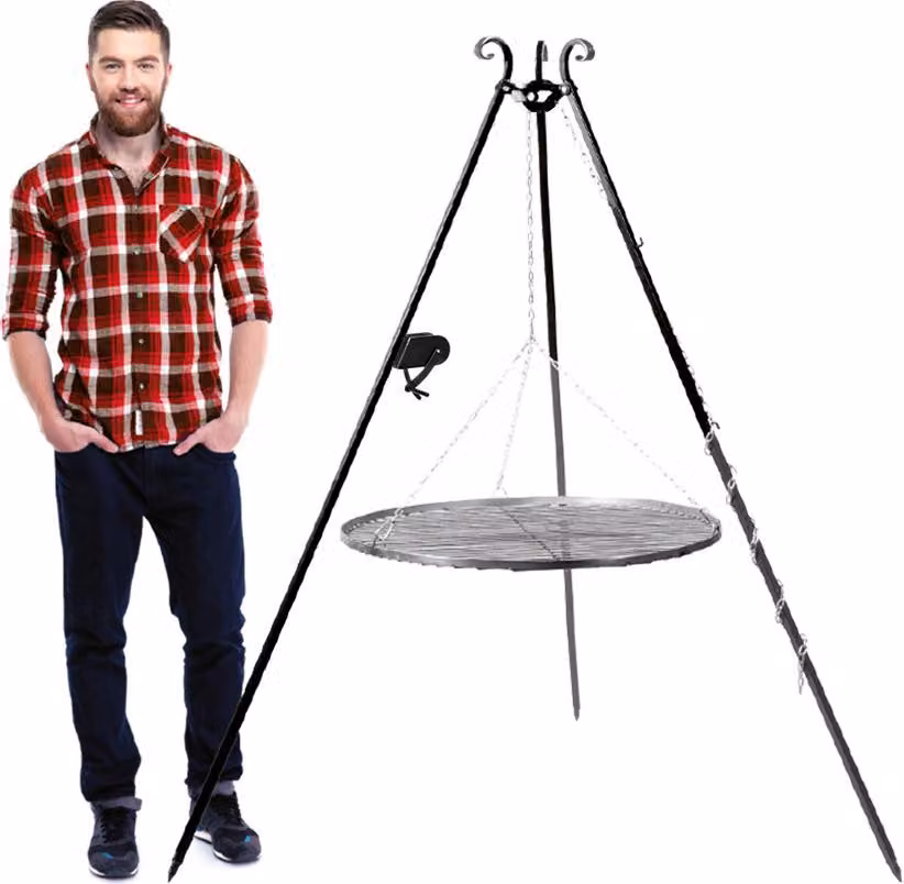 Treppiede girevole per barbecue in acciaio CookKing con manovella + set di catene nero 180 cm