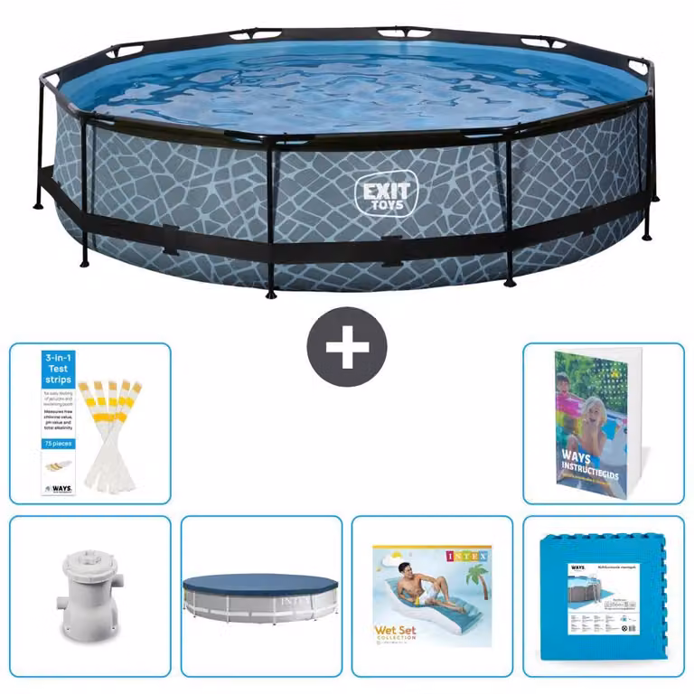 Piscina a sfioro "Exit Pool Rund" - Design effetto pietra - 360x76 cm - 5 pezzi - Modello S303