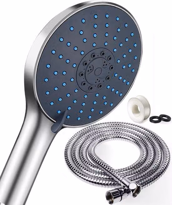 Ibenzoa® Doccia a risparmio idrico di dimensioni extra-large, diametro 15 cm – 7 tipi di getto, beccuccio inclinato di 15°, corpo in cromo, ugelli in silicone autopulenti, tubo flessibile per doccia in acciaio inossidabile da 1,5 m, compatibile con attacc