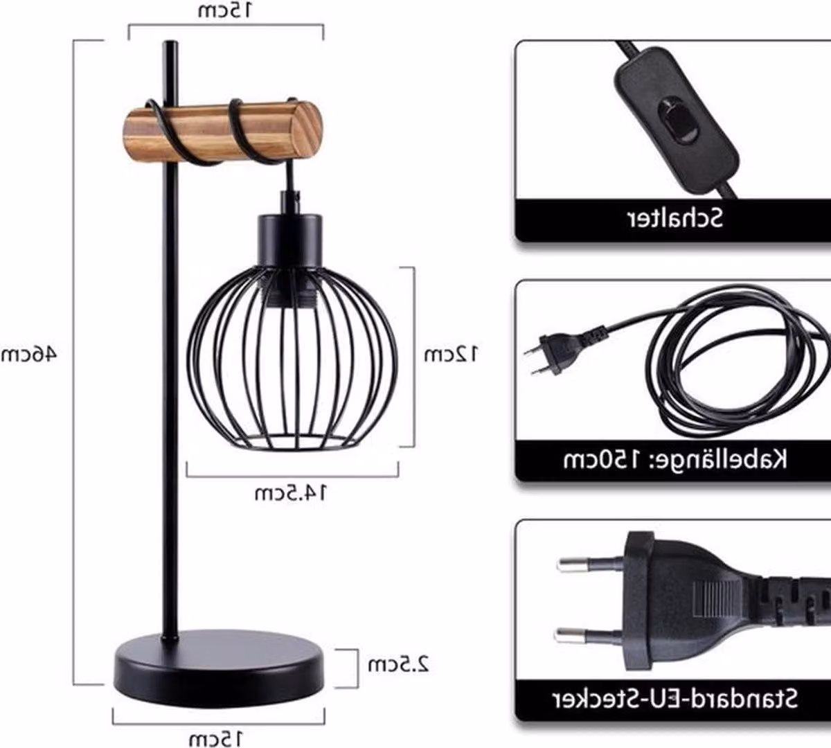 Lampada da tavolo e da comodino in stile industriale, realizzata in metallo nero, con attacco E27, ideale per soggiorno e camera da letto