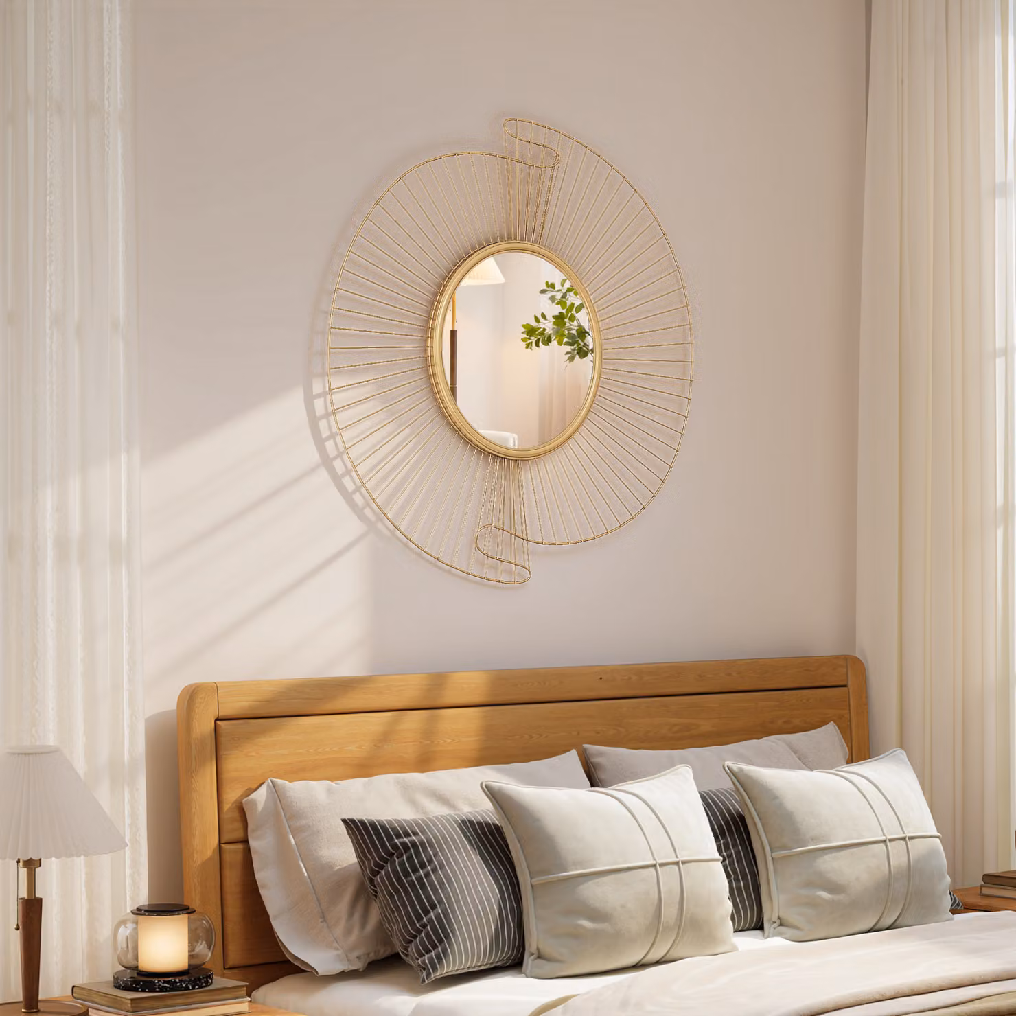 Specchio da parete rotondo HOMCOM con design plissettato e strisce in metallo, Oro, L: 60 cm, H: 60 cm – 2