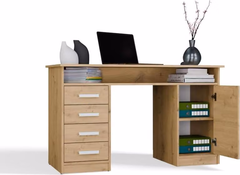 BDW, scrivania ADA con 4 cassetti, 125×75×55 cm, 1 armadio, rovere Artisan