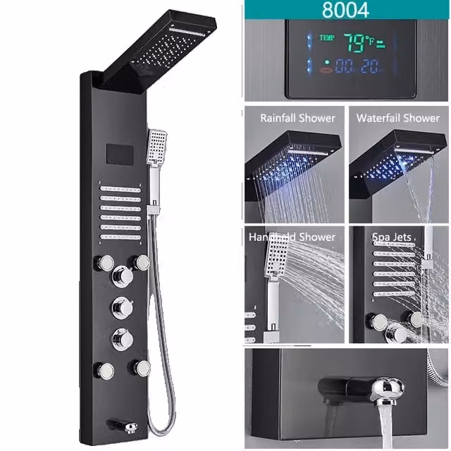Apparecchio doccia a LED, display della temperatura, sistema di massaggio per il corpo, nero 8004