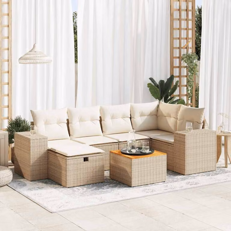 Set di divani da giardino vidaXL in polyrattan 7 pezzi con cuscini beige e struttura in legno di acacia