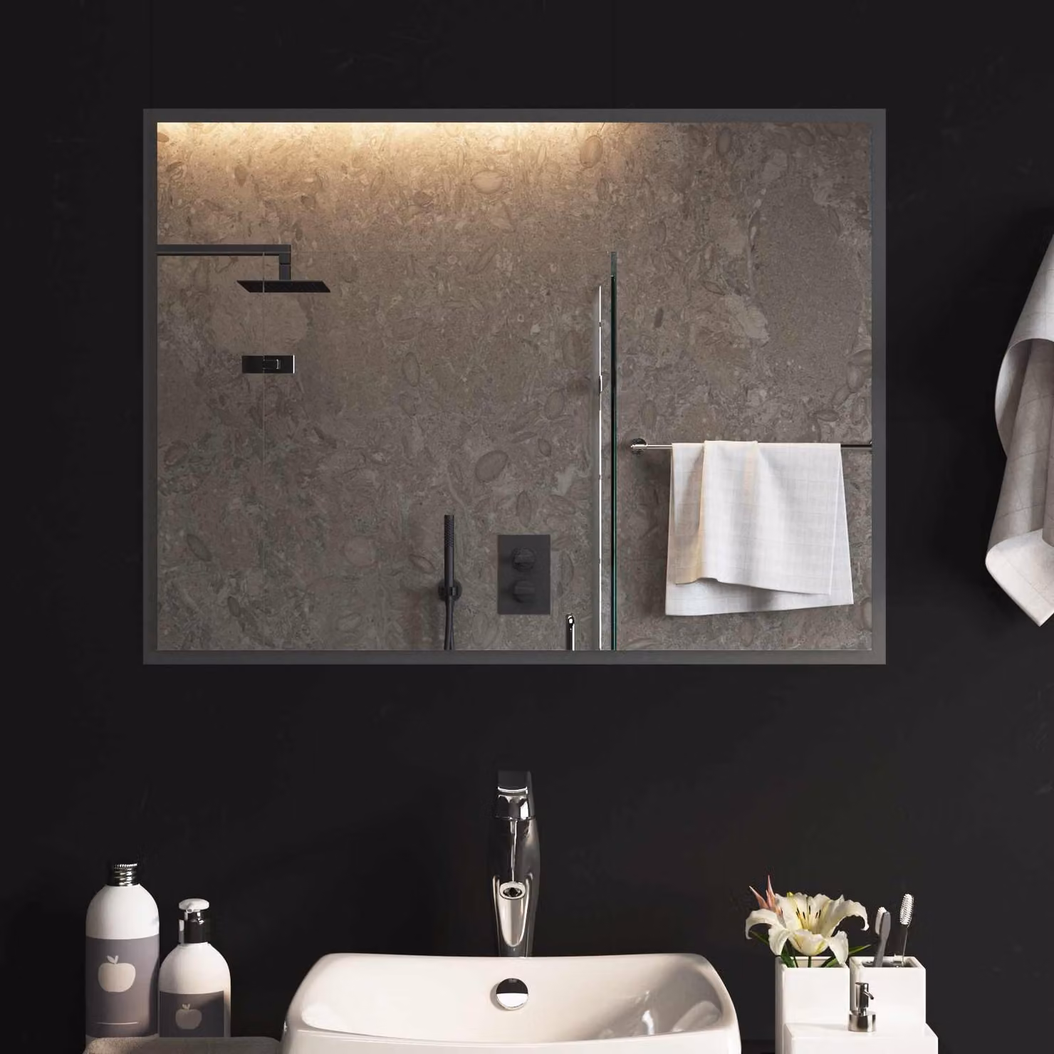 Specchio da bagno moderno vidaXL con illuminazione LED in vetro temperato, L: 80 cm, H: 60 cm