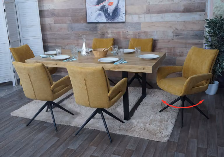 Set di 6 sedie da pranzo HWC-O78, sedia da cucina, girevole con ritorno automatico, rivestita in tessuto chenille (310g/m²), colore giallo senape