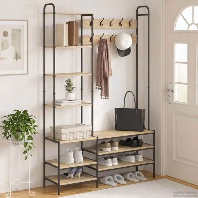 Appendiabiti con panca per scarpe in stile industrial vidaXL, colore marrone, L: 120,5 cm, P: 34 cm, H: 190 cm
