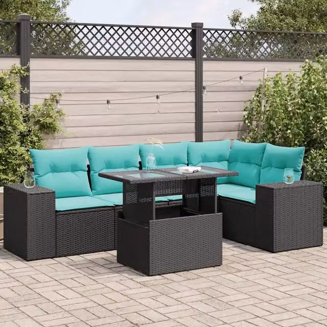 Set Divani da Giardino 6 pz con Cuscini Nero Polyrattan Acacia 3326798