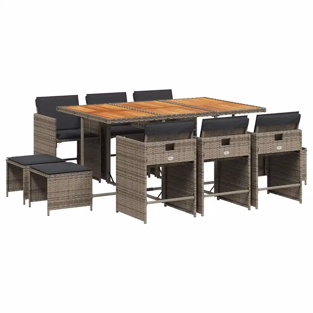 vidaXL Set da Pranzo da Giardino 11pz in Polyrattan e Legno di Acacia Grigio e Marrone con Cuscini – 2