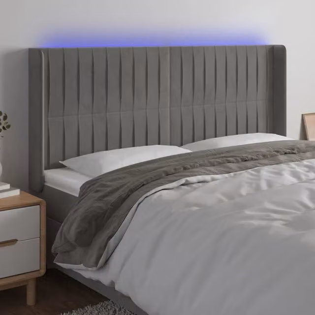 Testiera con LED Design Mania in Velluto Grigio Chiaro con Porte USB, L: 203 cm, P: 16 cm, H: 118/128 cm – 1