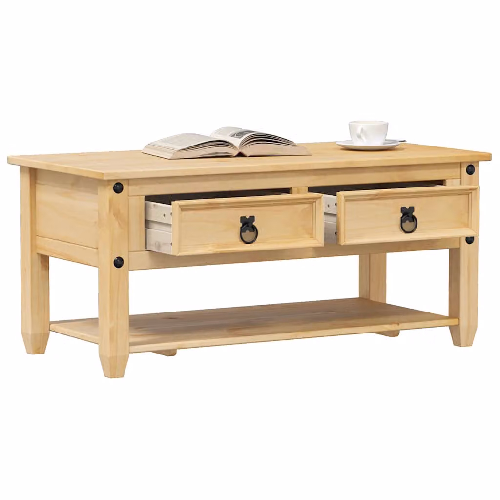 vidaXL Tavolino Corona in Legno di Pino Massello con Cassetti, Stile Rustico, Marrone e Beige, L: 100 cm, P: 48 cm, H: 45 cm