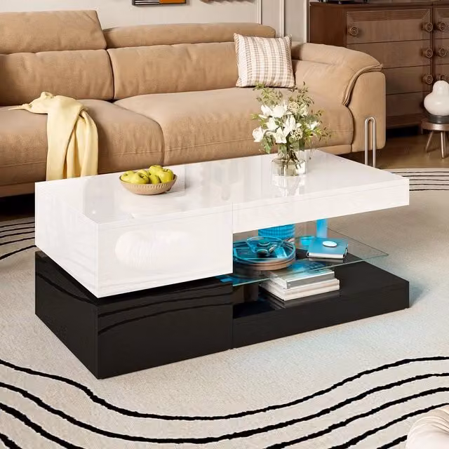 Tavolino da caffè MINIMAL con LED e piano in vetro lucido, Nero e Bianco, L 90 cm x P 45 cm x H 35,5 cm