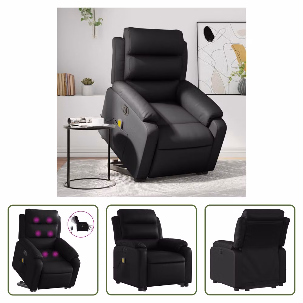The Living Store Sedia massaggiante con supporto in piedi elettrica in ecopelle nera