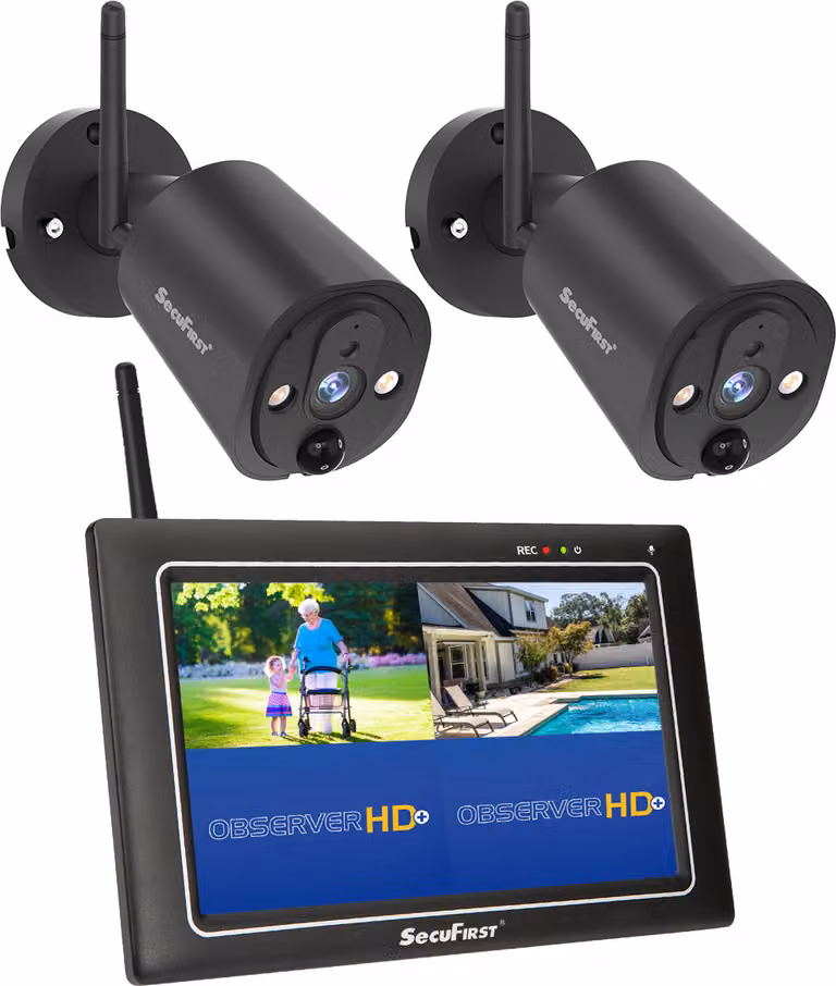 SecuFirst 2K telecamera di sorveglianza all'aperto con monitor interno, 7 "sensore schermo NVR + 2X telecamera esterna sorveglianza baby monitor lavorando senza WLAN, AI movimento