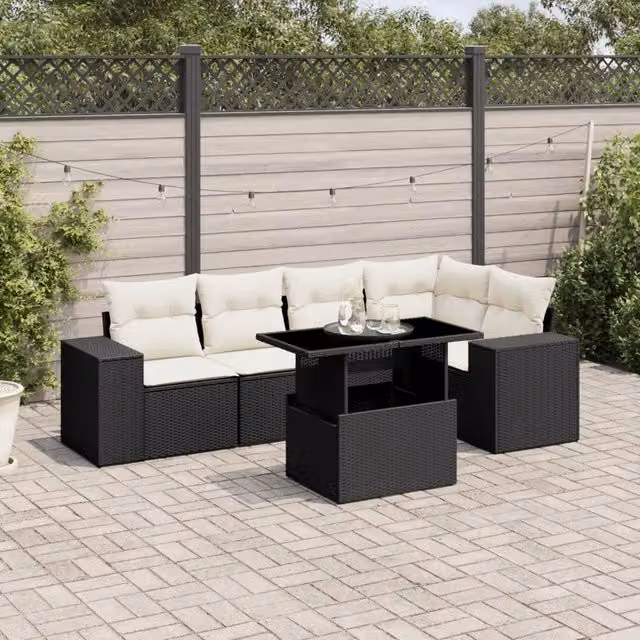 Set Divano da Giardino 6 pz con Cuscini Nero in Polyrattan 3269146