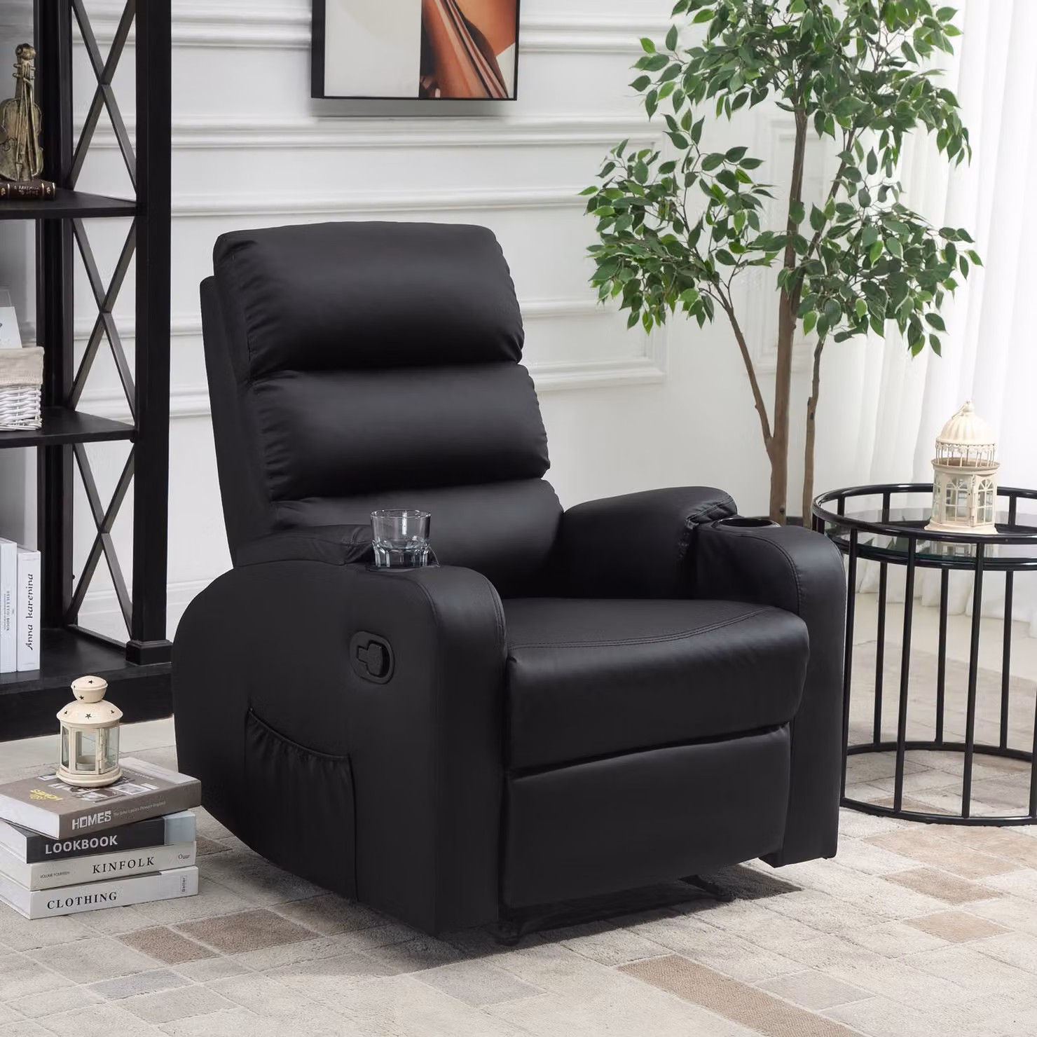 Poltrona Relax Reclinabile HOMCOM in Finta Pelle con Poggiapiedi, Portabicchieri e Tasca, Nero – 2