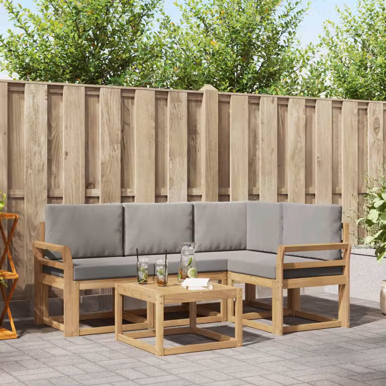 vidaXL Set di divani da esterno a L con tavolino da giardino in legno di acacia, Bianco e Grigio