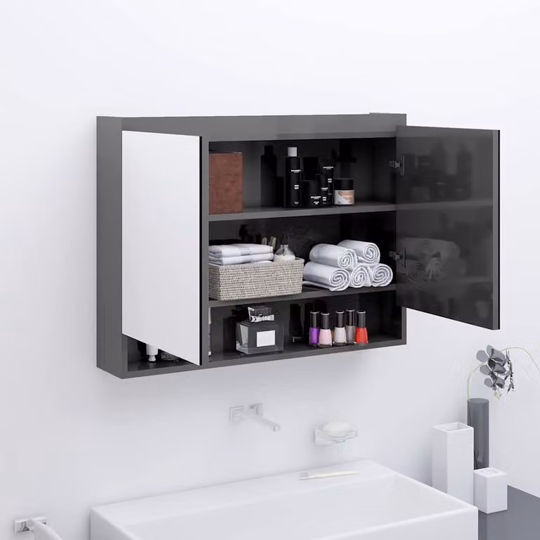 Armadietto da bagno con specchio vidaXL in MDF grigio lucido, L: 80 cm, P: 15 cm, H: 60 cm