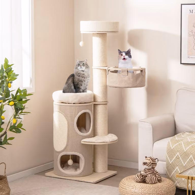 Albero per gatti Costway multi-livello con condominio a 2 piani, amaca e cave, colore beige e marrone, Altezza: 154 cm
